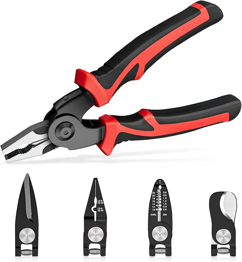 Set Clește Multifuncțional 5 în 1, Patent, Dezizolator, Tăietor Cablu, Sertizor și Foarfecă pentru Tablă, Capete Interschimbabile, Trusă Profesională pentru Electricieni și Bricolaj