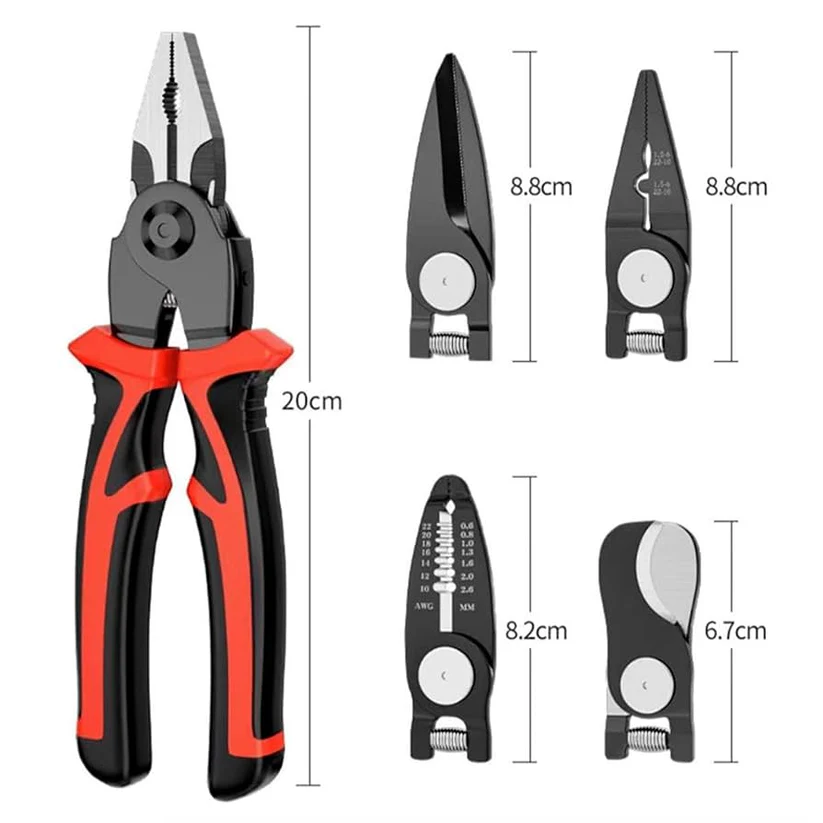 Set Clește Multifuncțional 5 în 1, Patent, Dezizolator, Tăietor Cablu, Sertizor și Foarfecă pentru Tablă, Capete Interschimbabile, Trusă Profesională pentru Electricieni și Bricolaj