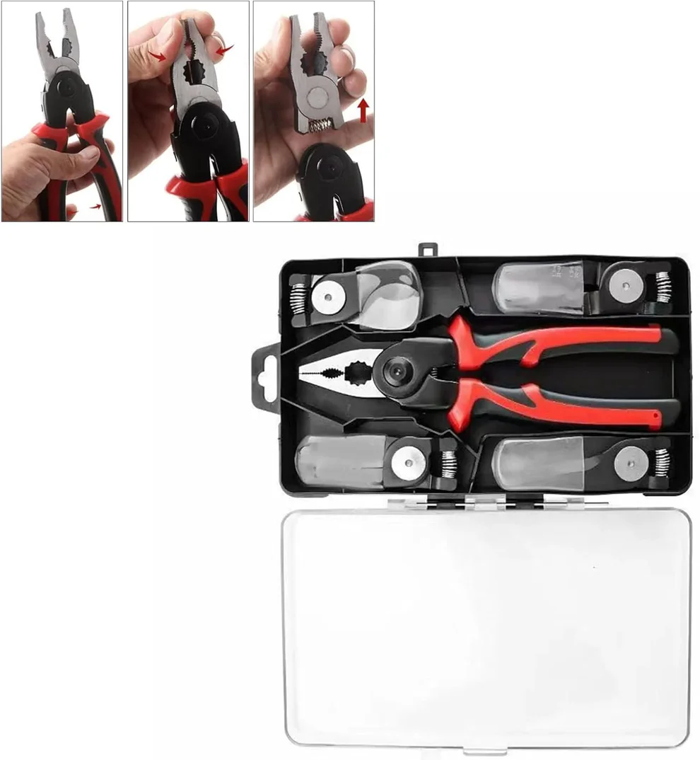 Set Clește Multifuncțional 5 în 1, Patent, Dezizolator, Tăietor Cablu, Sertizor și Foarfecă pentru Tablă, Capete Interschimbabile, Trusă Profesională pentru Electricieni și Bricolaj