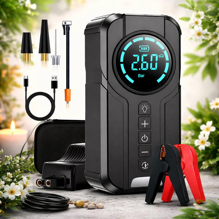 Compresor Auto Multifuncțional 5 în 1, Pornire de Urgență, Power Bank, Afișaj Digital, Lanternă LED și Umflare Anvelope, Baterie Externă Inclusă