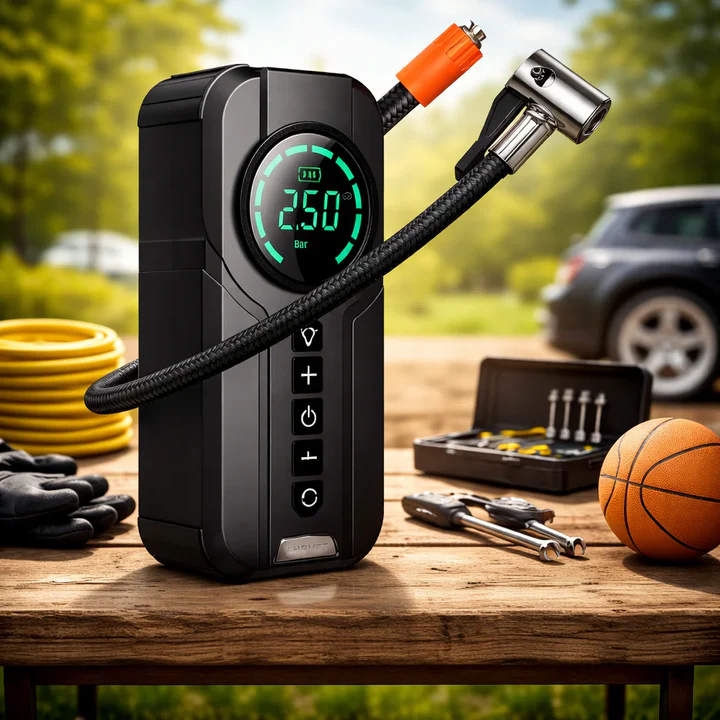 Compresor Auto Multifuncțional 5 în 1, Pornire de Urgență, Power Bank, Afișaj Digital, Lanternă LED și Umflare Anvelope, Baterie Externă Inclusă
