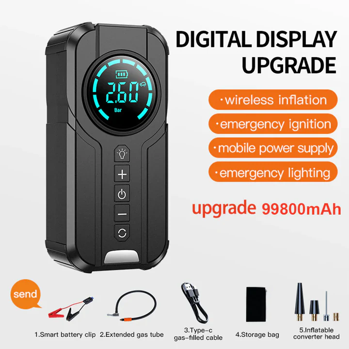 Compresor Auto Multifuncțional 5 în 1, Pornire de Urgență, Power Bank, Afișaj Digital, Lanternă LED și Umflare Anvelope, Baterie Externă Inclusă