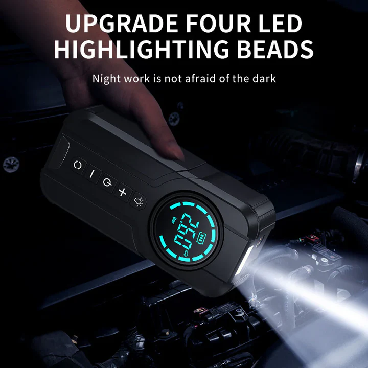 Compresor Auto Multifuncțional 5 în 1, Pornire de Urgență, Power Bank, Afișaj Digital, Lanternă LED și Umflare Anvelope, Baterie Externă Inclusă