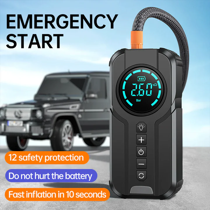 Compresor Auto Multifuncțional 5 în 1, Pornire de Urgență, Power Bank, Afișaj Digital, Lanternă LED și Umflare Anvelope, Baterie Externă Inclusă