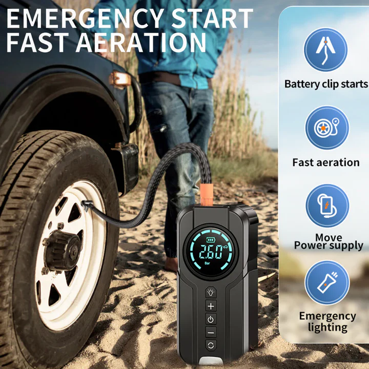 Compresor Auto Multifuncțional 5 în 1, Pornire de Urgență, Power Bank, Afișaj Digital, Lanternă LED și Umflare Anvelope, Baterie Externă Inclusă