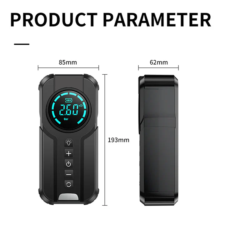Compresor Auto Multifuncțional 5 în 1, Pornire de Urgență, Power Bank, Afișaj Digital, Lanternă LED și Umflare Anvelope, Baterie Externă Inclusă