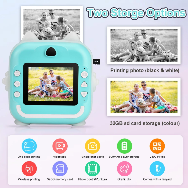 Aparat foto digital instant pentru copii 4 in 1, imprimare termica fara cerneala, 24MP, autofocus, ecran 2.4 inch, video Full HD 1080P
