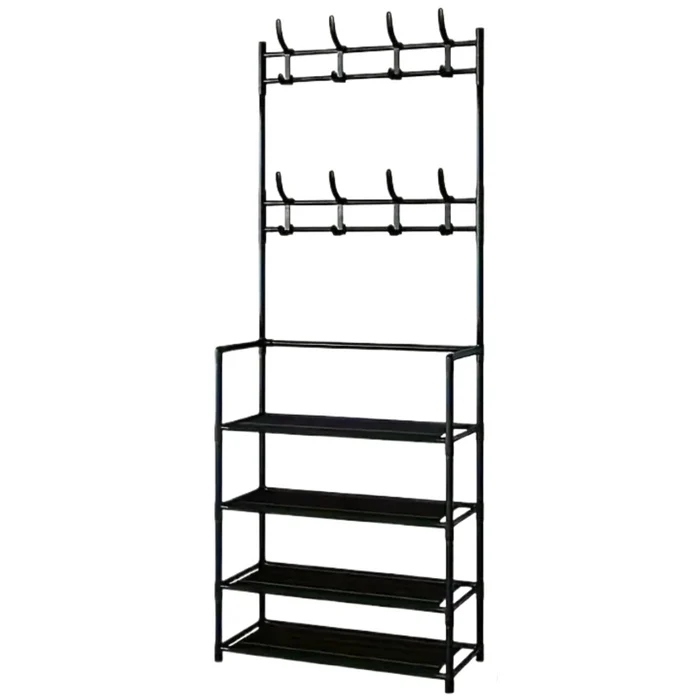Cuier multifuncțional pentru haine și pantofi, cu rafturi depozitare, metal și material textil, 154 x 60 x 29.5 cm