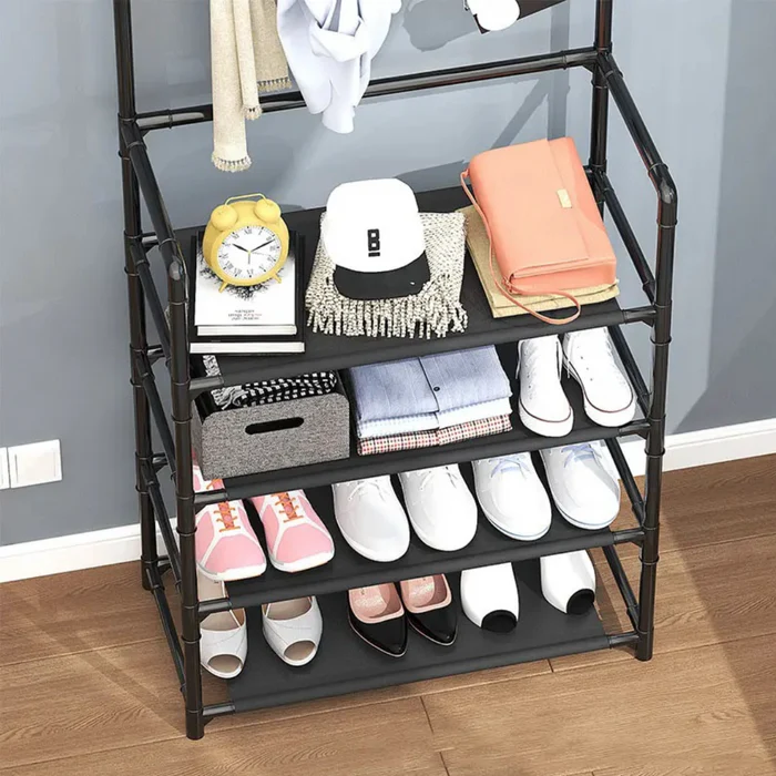 Cuier multifuncțional pentru haine și pantofi, cu rafturi depozitare, metal și material textil, 154 x 60 x 29.5 cm