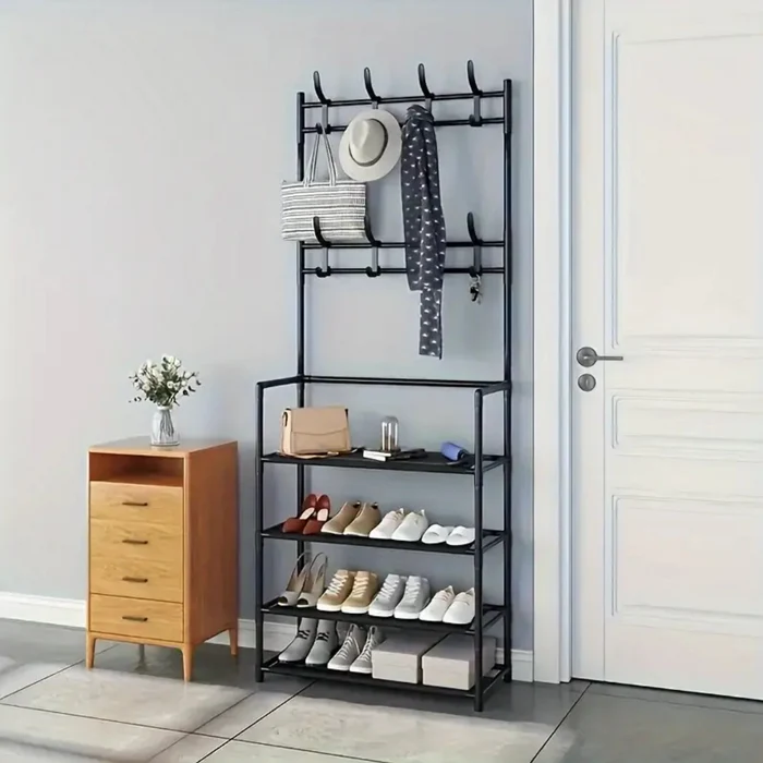 Cuier multifuncțional pentru haine și pantofi, cu rafturi depozitare, metal și material textil, 154 x 60 x 29.5 cm