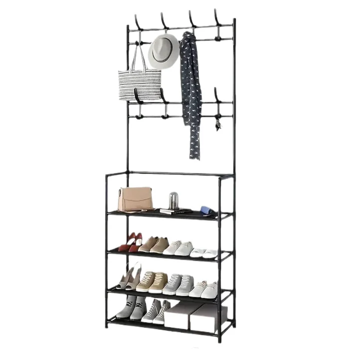 Cuier multifuncțional pentru haine și pantofi, cu rafturi depozitare, metal și material textil, 154 x 60 x 29.5 cm