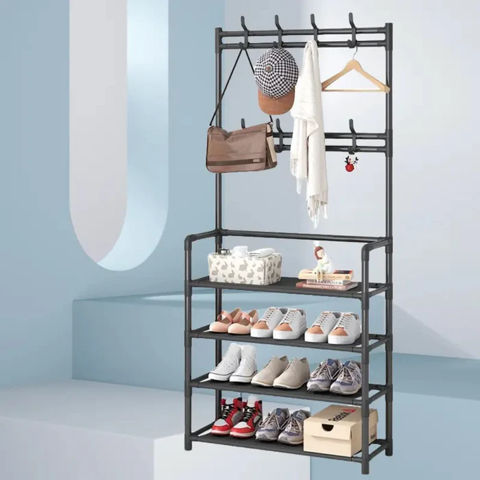 Cuier multifuncțional pentru haine și pantofi, cu rafturi depozitare, metal și material textil, 154 x 60 x 29.5 cm
