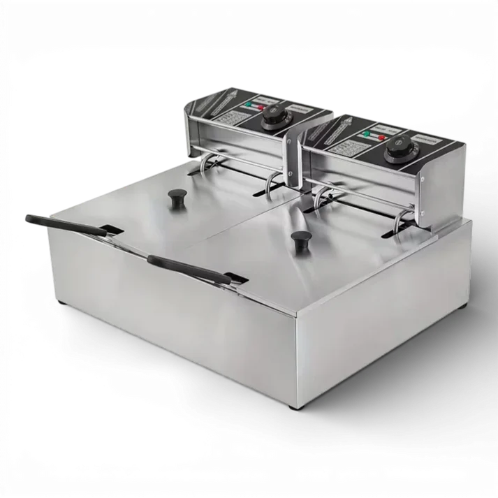 Friteuză electrică 12L din inox, 5000W, termostat reglabil 60–200°C, cuve duble independente