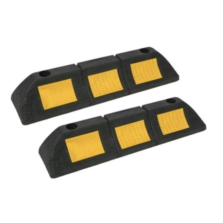 Set 2 delimitatoare parcare pentru roti, cu banda reflectorizanta, cauciuc, 48 x 12 x 9 cm, negru