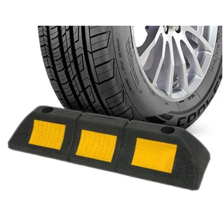 Set 2 delimitatoare parcare pentru roti, cu banda reflectorizanta, cauciuc, 48 x 12 x 9 cm, negru