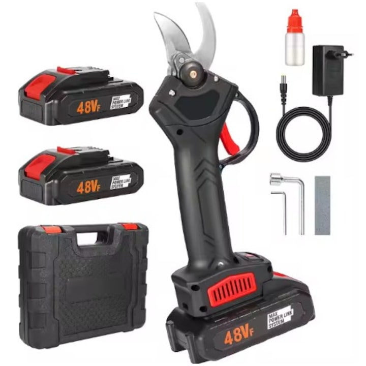 Foarfecă electrică de grădină 48V, motor brushless, lamă SK5, 2 acumulatori Li-Ion, set accesorii