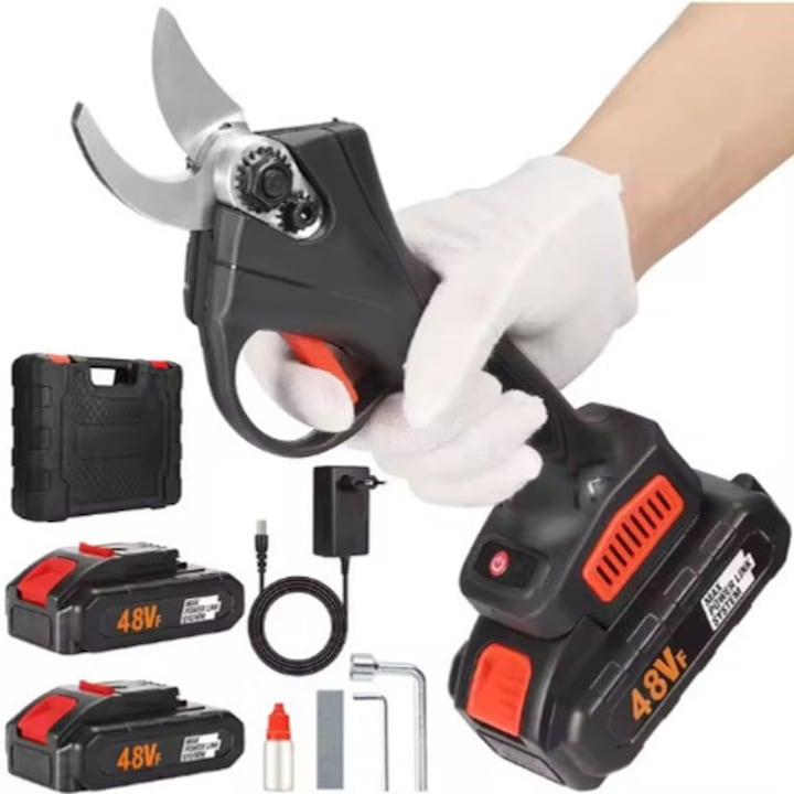 Foarfecă electrică de grădină 48V, motor brushless, lamă SK5, 2 acumulatori Li-Ion, set accesorii