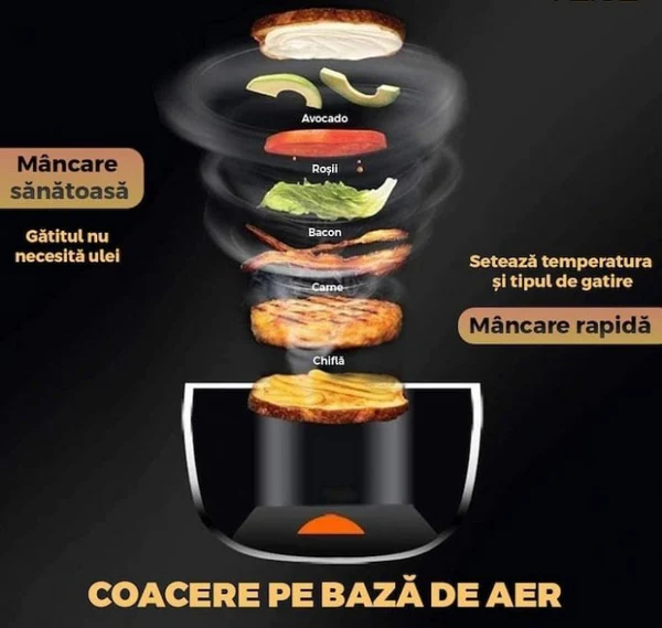 Air Fryer 6L 2400W cu afișaj digital, temperatură reglabilă 50–230°C, programe presetate, 100 hârtii de copt incluse