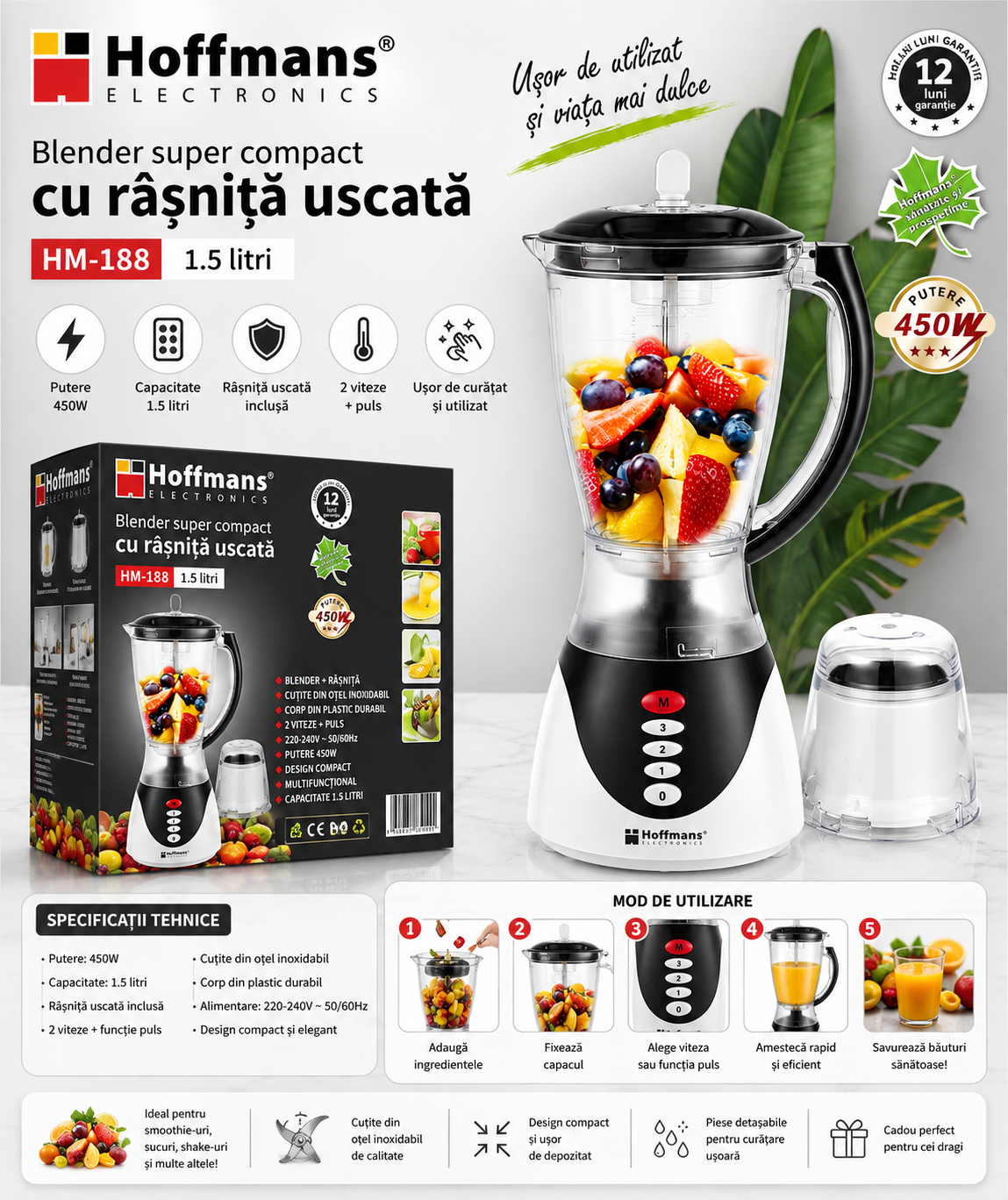 Blender HOFFMANS HM-188, 450W, Vas 1.5L, 3 Trepte de Viteză, Lame din Inox, Funcție Pulse, Ideal pentru Smoothie și Sucuri