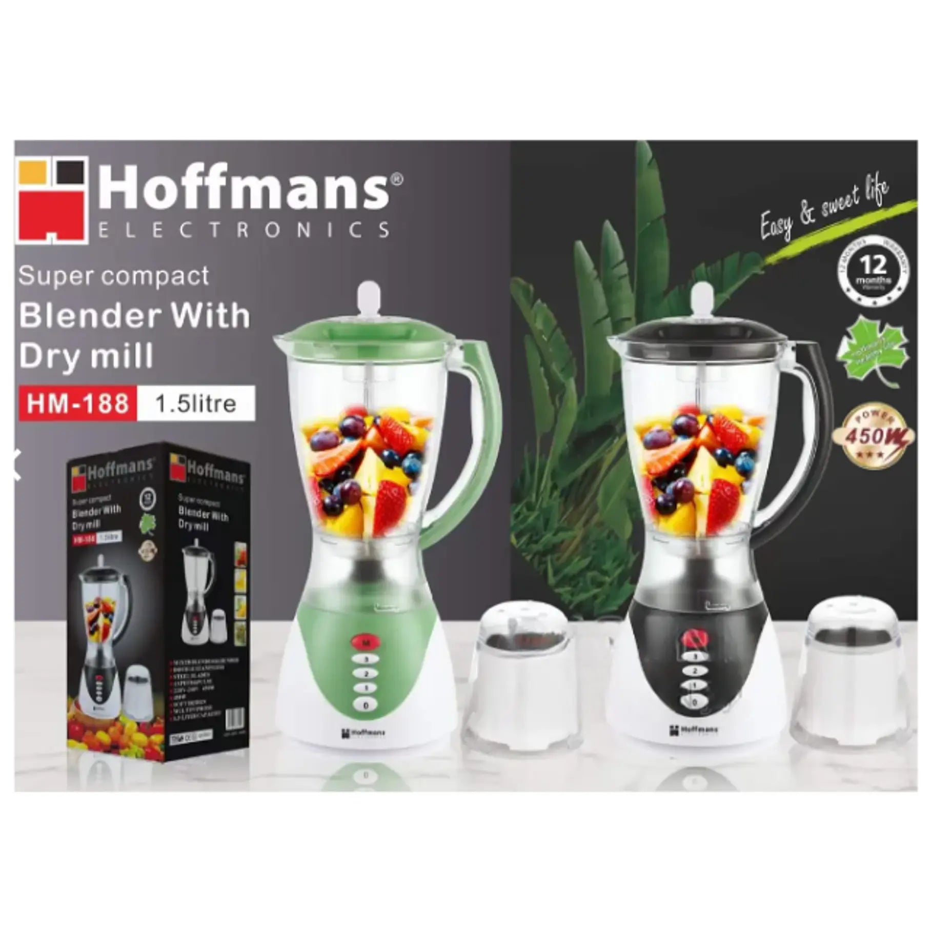 Blender HOFFMANS HM-188, 450W, Vas 1.5L, 3 Trepte de Viteză, Lame din Inox, Funcție Pulse, Ideal pentru Smoothie și Sucuri