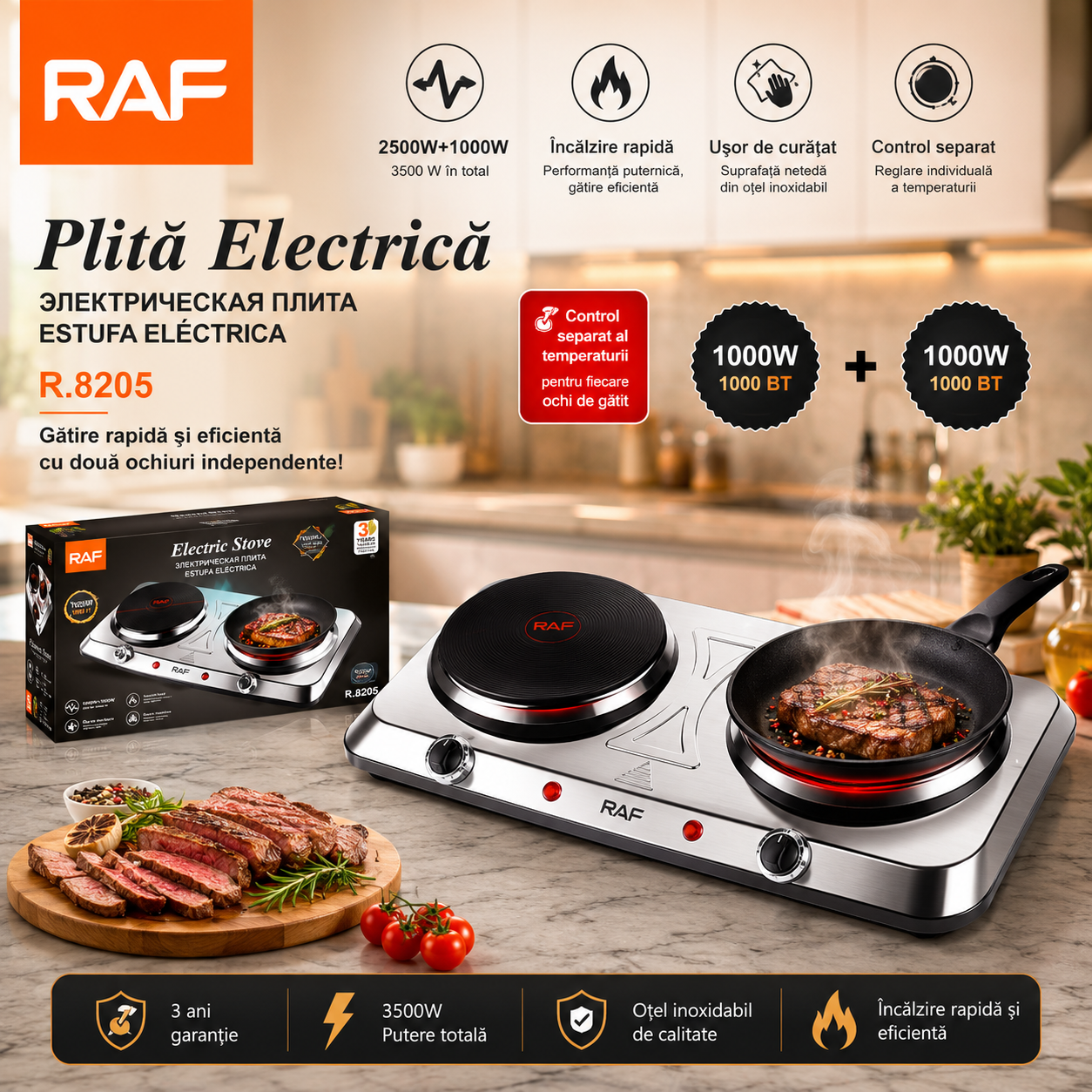 Plită Electrică cu 2 Ochiuri RAF R.8205, 2000W, Inox, Termostat Reglabil, Încălzire Rapidă, Ideală pentru Bucătărie, Birou și Camping