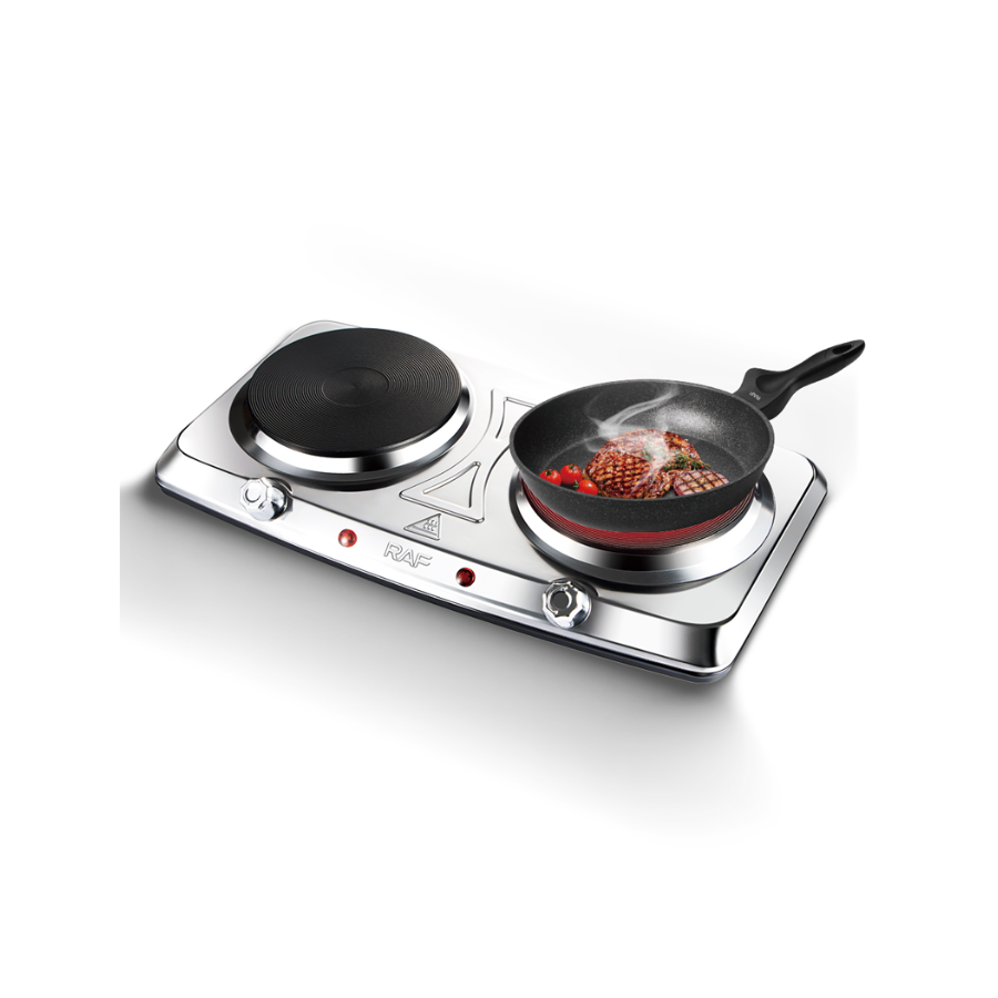 Plită Electrică cu 2 Ochiuri RAF R.8205, 2000W, Inox, Termostat Reglabil, Încălzire Rapidă, Ideală pentru Bucătărie, Birou și Camping