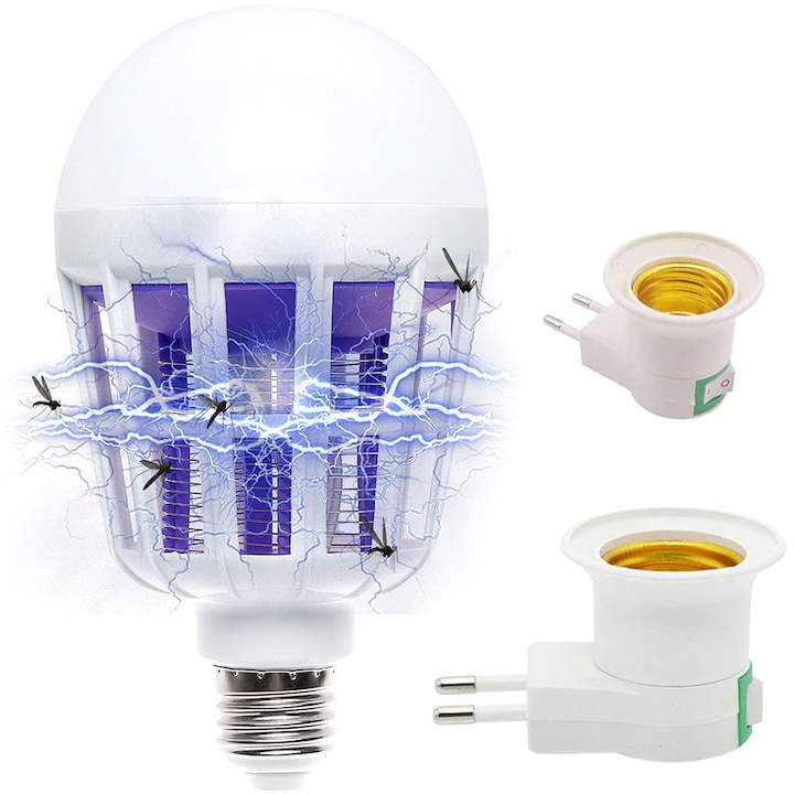Bec LED 9W cu Lampa UV anti insecte 2 in 1, E27, 24 LED, lumina rece, pentru interior, anti tantari