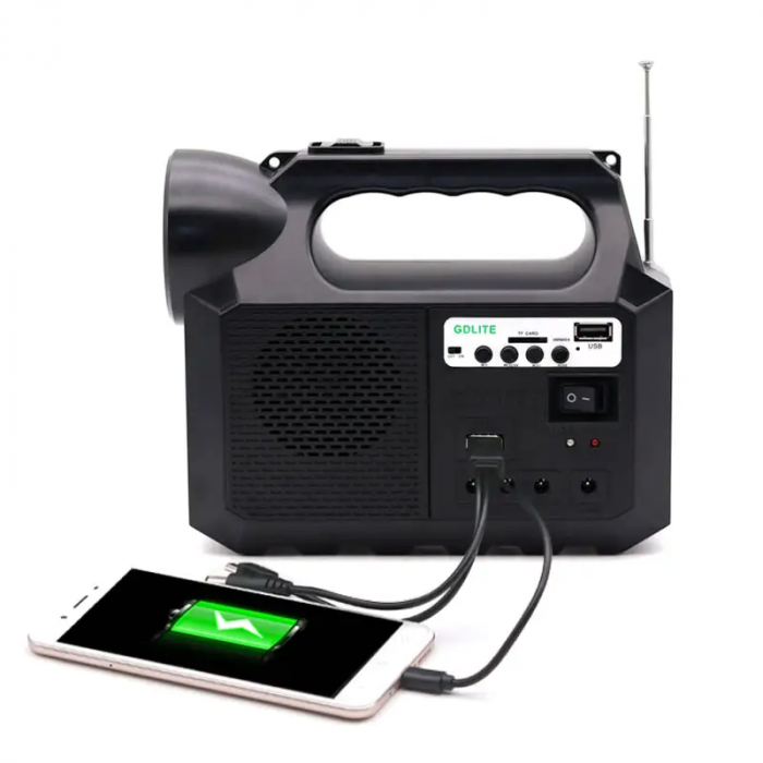 Kit solar portabil cu panou, USB, Bluetooth, radio FM, MP3, lanternă LED și 3 becuri incluse