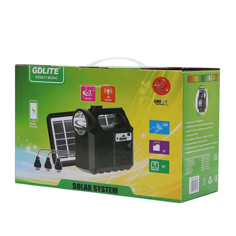 Kit solar portabil cu panou, USB, Bluetooth, radio FM, MP3, lanternă LED și 3 becuri incluse