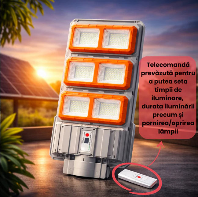 Lampă Solară Stradală LED 3000W, Panou Solar Inclus, Telecomandă, Senzor de Mișcare, IP66, Iluminare Puternică pentru Curte, Grădină și Exterior