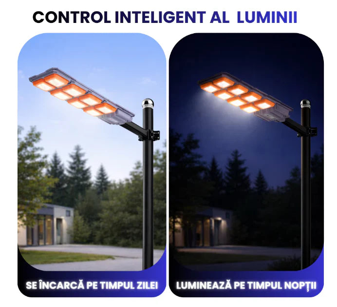 Lampă Solară Stradală LED 3000W, Panou Solar Inclus, Telecomandă, Senzor de Mișcare, IP66, Iluminare Puternică pentru Curte, Grădină și Exterior
