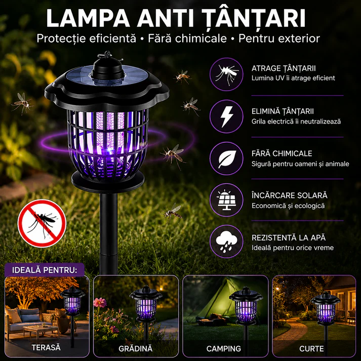 Lampa solara LED 2 in 1 pentru exterior, iluminare si lumina UV anti insecte, 52 cm, IP44, gradina