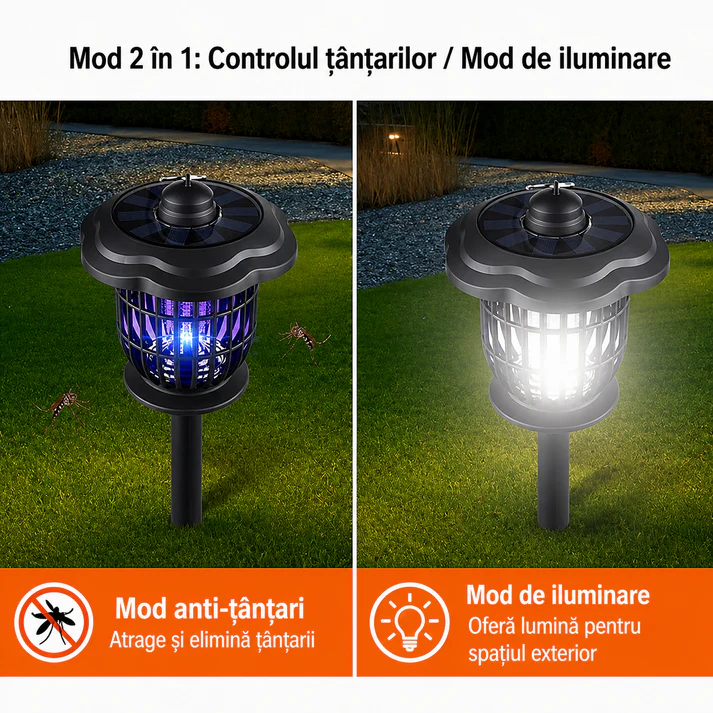 Lampa solara LED 2 in 1 pentru exterior, iluminare si lumina UV anti insecte, 52 cm, IP44, gradina