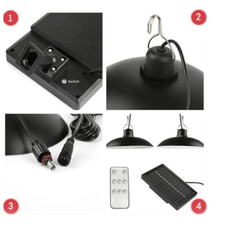 Lampă solară cu 2 becuri LED, panou solar detașabil, telecomandă, IP65, cablu 3 m