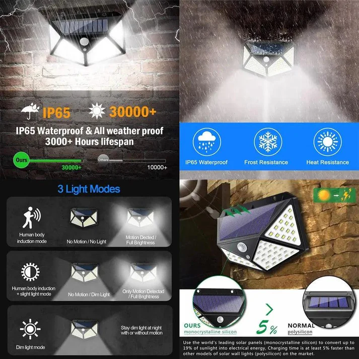 Set 10 lămpi solare cu 100 LED, senzor de mișcare, 3 moduri iluminare, panou solar integrat