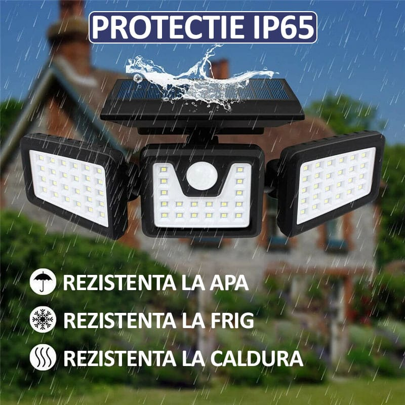 Lampă solară triplă 74 LED SMD, 1200 lm, senzor mișcare și lumină, brațe reglabile, IP65
