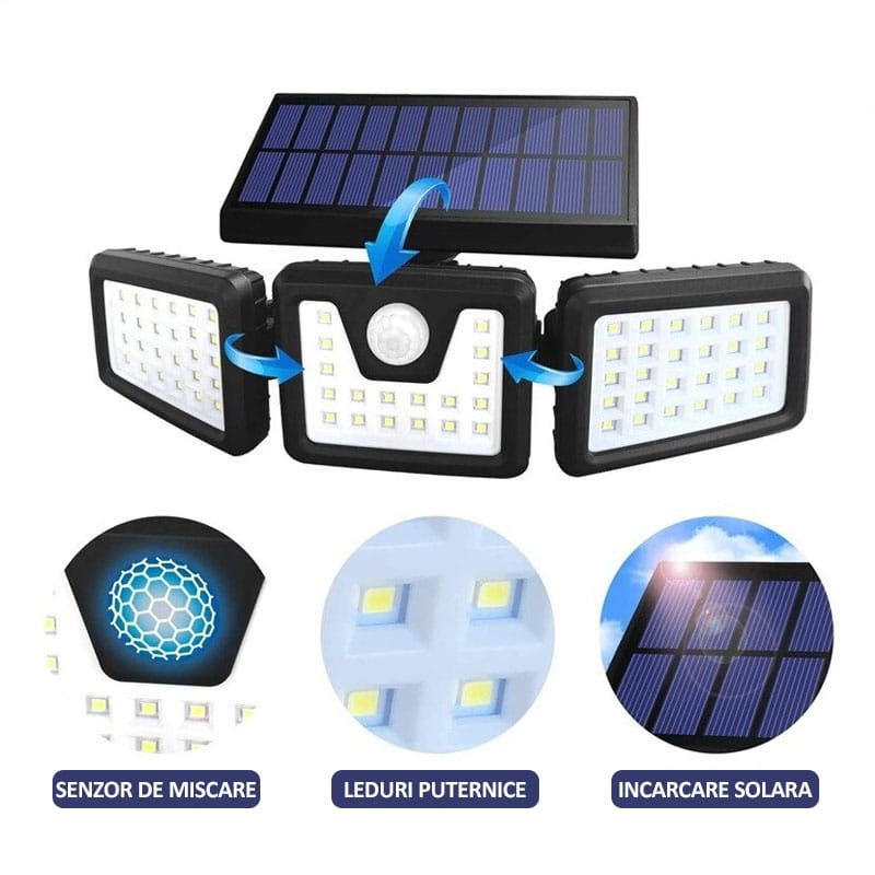 Lampă solară triplă 74 LED SMD, 1200 lm, senzor mișcare și lumină, brațe reglabile, IP65