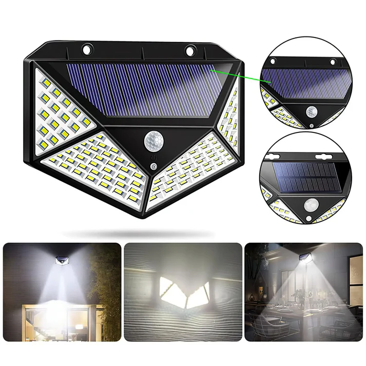 Set 10 lămpi solare cu 100 LED, senzor de mișcare, 3 moduri iluminare, panou solar integrat