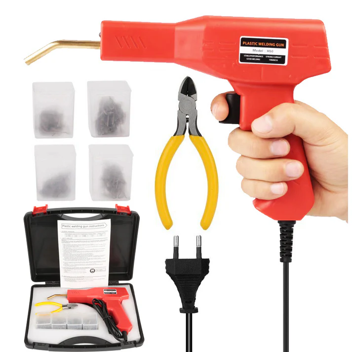 Kit Profesional Pistol pentru Lipit Plastic 50W, Aparat Sudură pentru Bară Auto, 200 Capse Incluse, Accesorii Complete pentru Repararea Fisurilor și Elementelor din Plastic