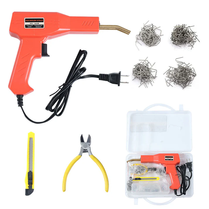 Kit Profesional Pistol pentru Lipit Plastic 50W, Aparat Sudură pentru Bară Auto, 200 Capse Incluse, Accesorii Complete pentru Repararea Fisurilor și Elementelor din Plastic