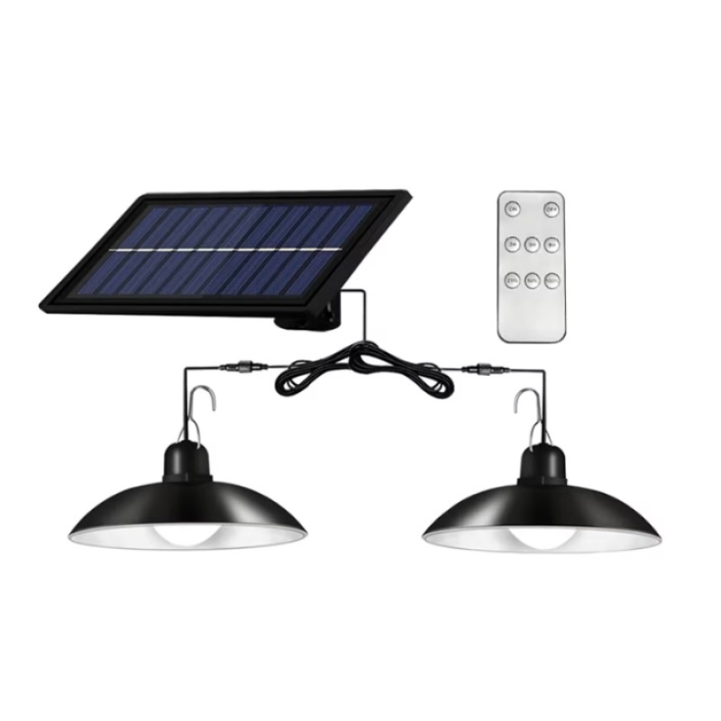 Lampă solară cu 2 becuri LED, panou solar detașabil, telecomandă, IP65, cablu 3 m