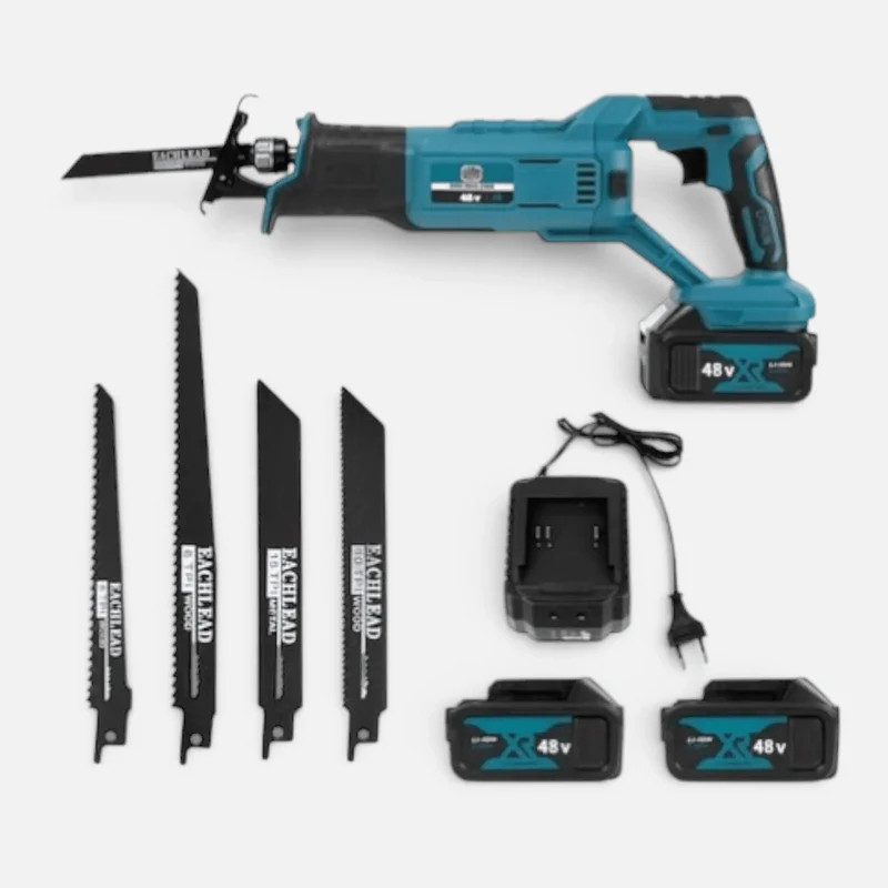 Fierăstrău Electric Tip Sabie 48V, 2 Acumulatori 8000 mAh, 3000 RPM, Viteză Variabilă, 4 Lame, Valiză