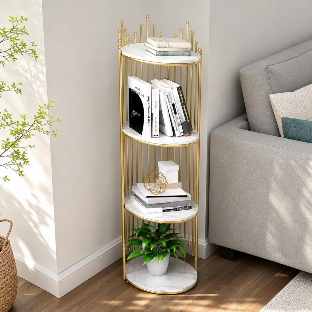 Etajeră Decorativă Rotundă cu 4 Niveluri, Cadru Metalic Auriu și 4 Polițe Albe, 32 x 32 x 95 cm, Bibliotecă Modernă pentru Living, Dormitor, Birou și Plante Decorative
