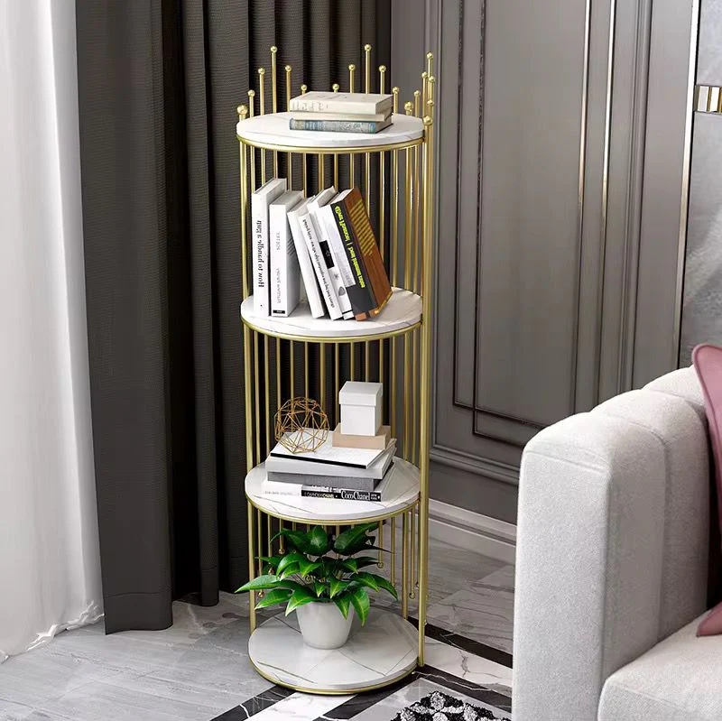 Etajeră Decorativă Rotundă cu 4 Niveluri, Cadru Metalic Auriu și 4 Polițe Albe, 32 x 32 x 95 cm, Bibliotecă Modernă pentru Living, Dormitor, Birou și Plante Decorative