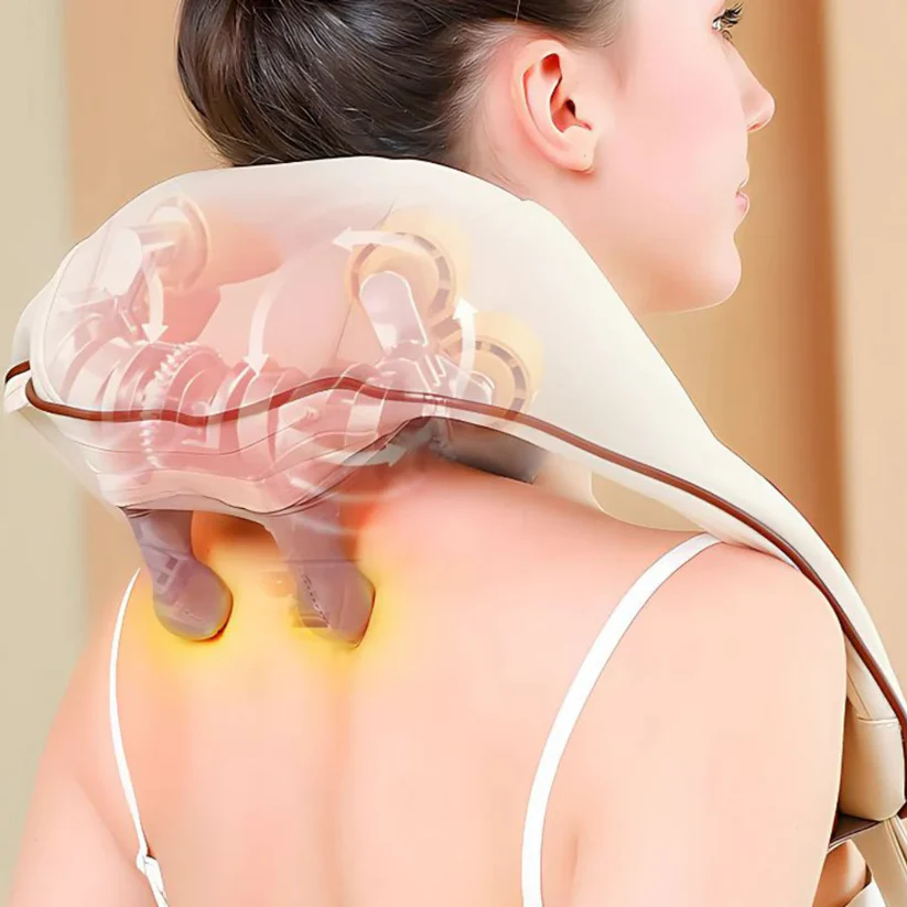 Aparat de masaj cervical hands-free cu incalzire, role Shiatsu 5D, 3 niveluri intensitate, USB-C, design ergonomic, portabil