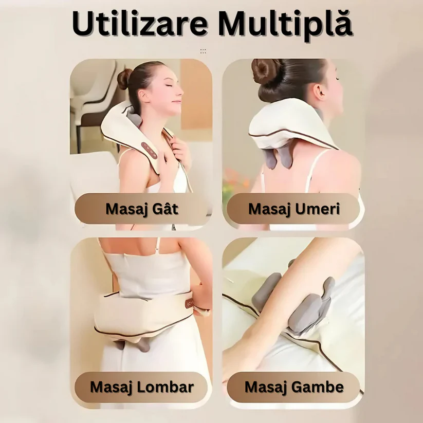 Aparat de masaj cervical hands-free cu incalzire, role Shiatsu 5D, 3 niveluri intensitate, USB-C, design ergonomic, portabil