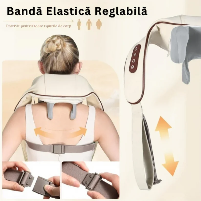 Aparat de masaj cervical hands-free cu incalzire, role Shiatsu 5D, 3 niveluri intensitate, USB-C, design ergonomic, portabil
