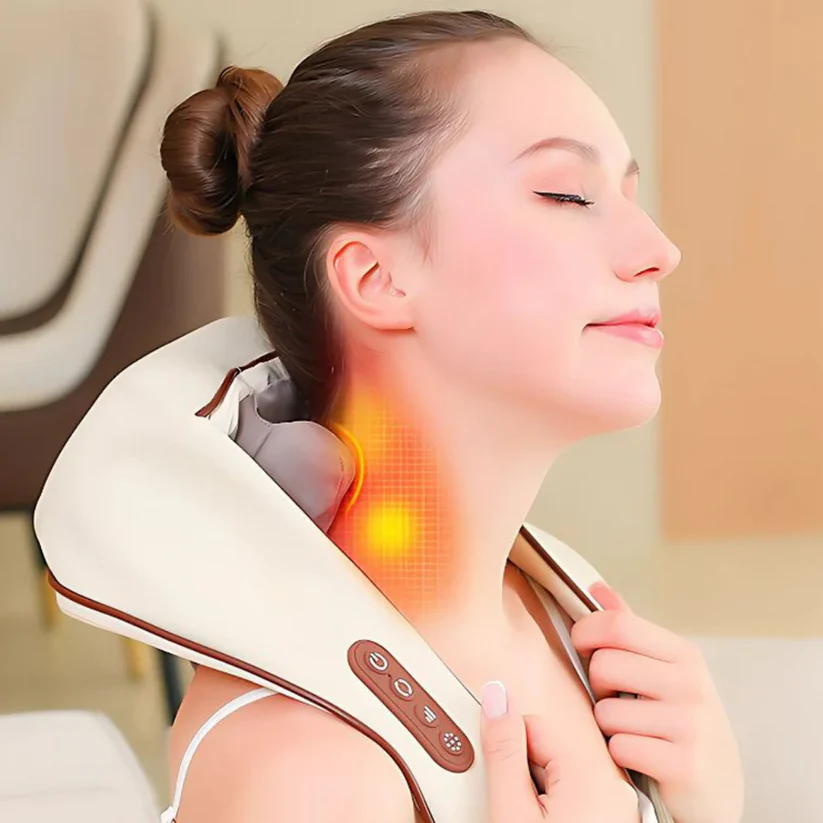Aparat de masaj cervical hands-free cu incalzire, role Shiatsu 5D, 3 niveluri intensitate, USB-C, design ergonomic, portabil