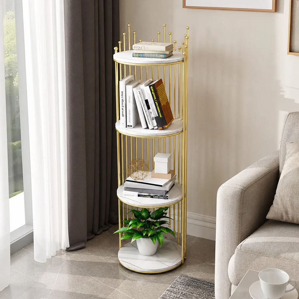 Etajeră Decorativă Rotundă cu 4 Niveluri, Cadru Metalic Auriu și 4 Polițe Albe, 32 x 32 x 95 cm, Bibliotecă Modernă pentru Living, Dormitor, Birou și Plante Decorative