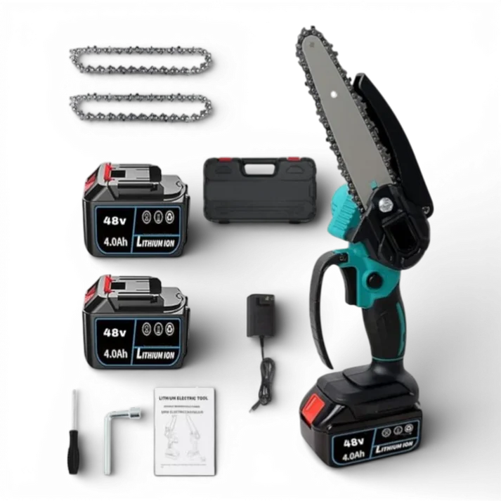 Mini drujbă electrică fără fir 8 inch, 48V, 2 acumulatori Li-Ion, set complet cu lanț și accesorii